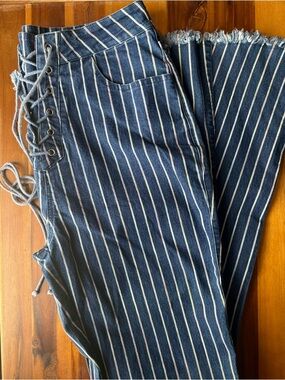 BOUTIQUE TALL Multicolor Pinstripe Ultra Flare Lace-Up Denim Jeans TALL/LONG